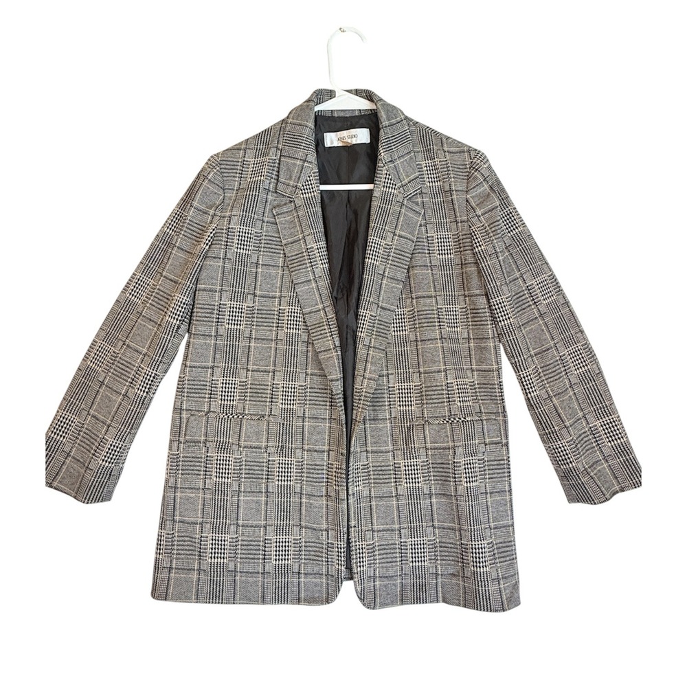 Jones Studio Blazer Jacket Women XS Gray Glen Plaid Open Front C1HMH2BM096